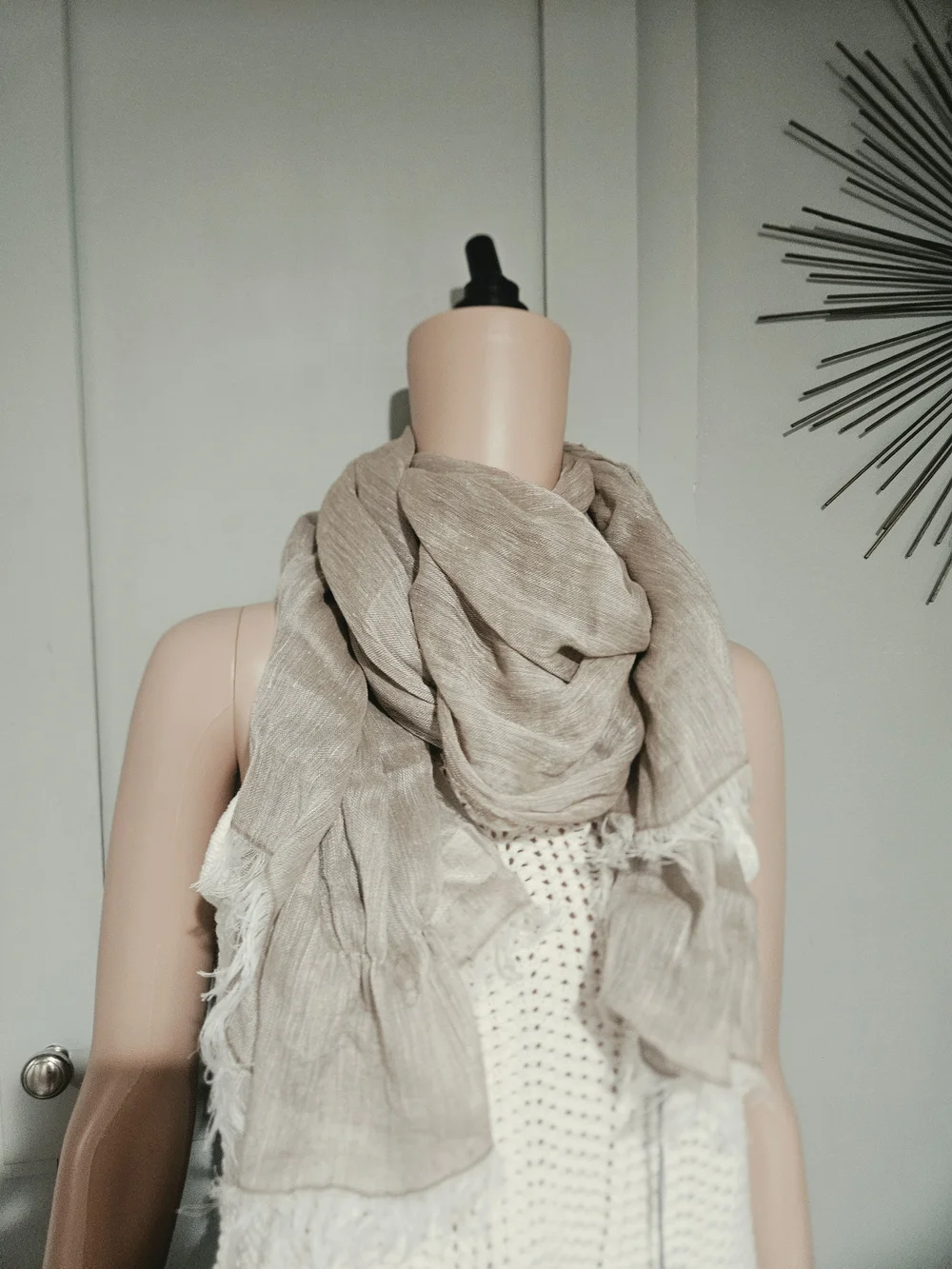 NWT Sandro Ferrone Made in Italy Linen Cotton Fringe Scarf Shawl Taupe Beige